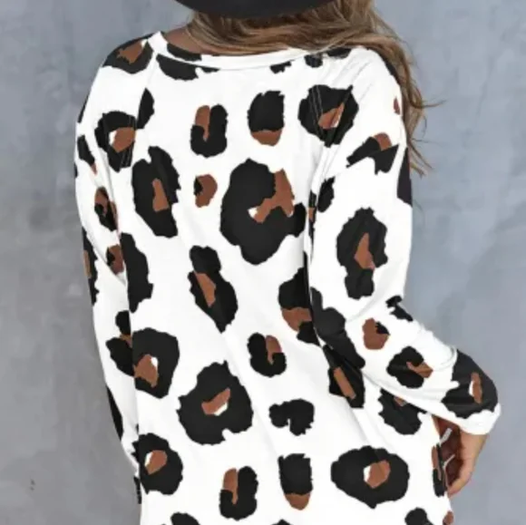 NEW! White Leopard Print Casual Loose Long Sleeve Top - Picture 2 of 14
